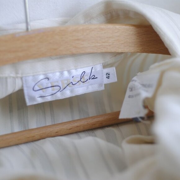 Vintage Silk Sheer Stripe Button Down Shirt _ Cream Silk Long Sleeve Women - Picture 7 of 9